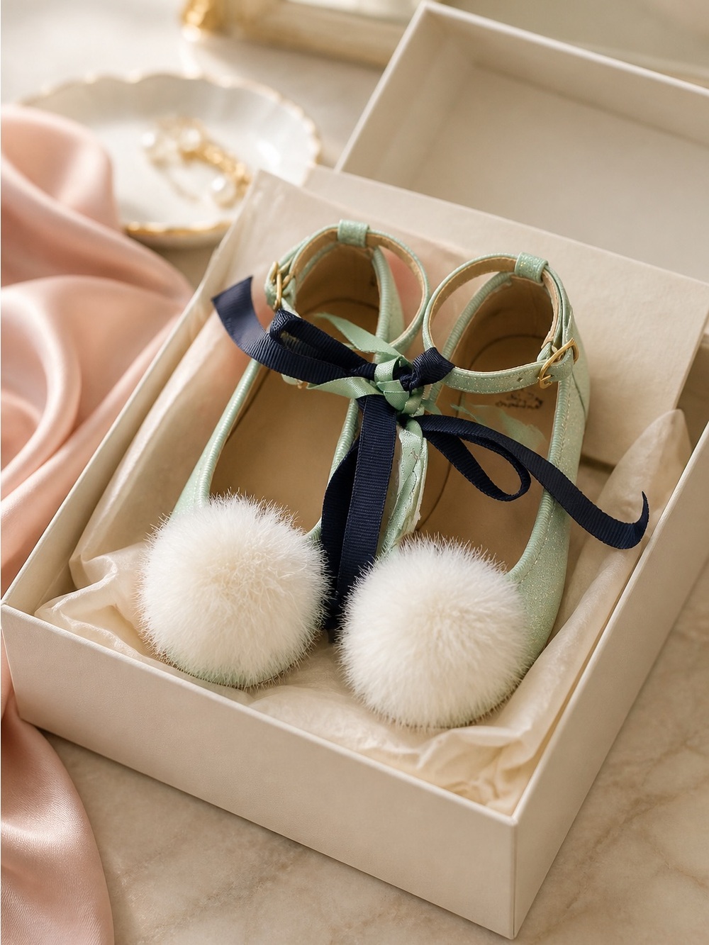 Mary Jane Mint Green Girls Dress Shoes with White Pom Poms and Navy Ribbon